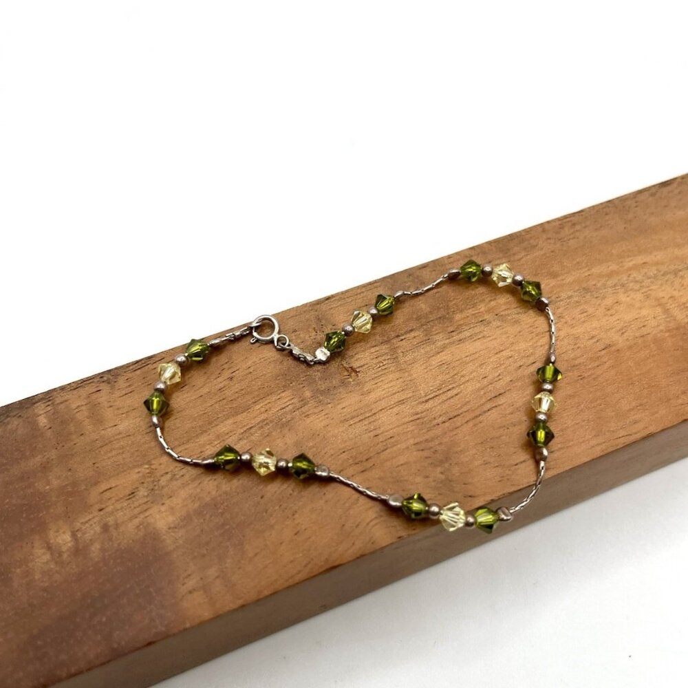 Sterling Silver 925 Crystal Bead Bracelet Green Bicone Dainty Coquette Minimal